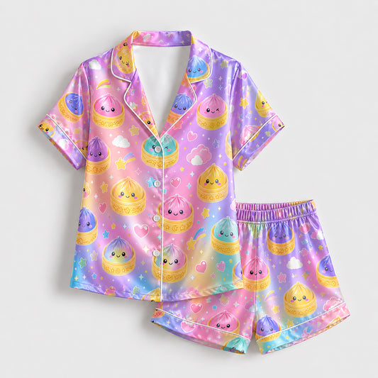 PJ-254-Cartoon Dumpling Satin Pajama Set, Kawaii Star Heart Graphic Pattern Nightshirt Pjs Sleepwear Lounge