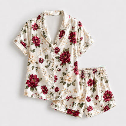 PJ-255-Floral Pure Satin Pajama Set, White Rose Peony Print Botanical Loungewear Sleepwear Collection FREE SHIPPING