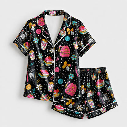 PJ-256-Back To School Printed Satin Pajama Set, Whimsical Notebook Smiley Unisex Sleepwear Lounge Coordinates FREE SHIPPING
