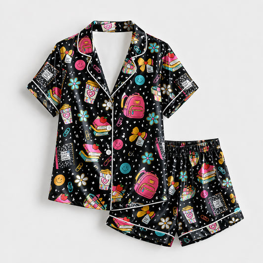 PJ-256-Back To School Printed Satin Pajama Set, Whimsical Notebook Smiley Unisex Sleepwear Lounge Coordinates FREE SHIPPING