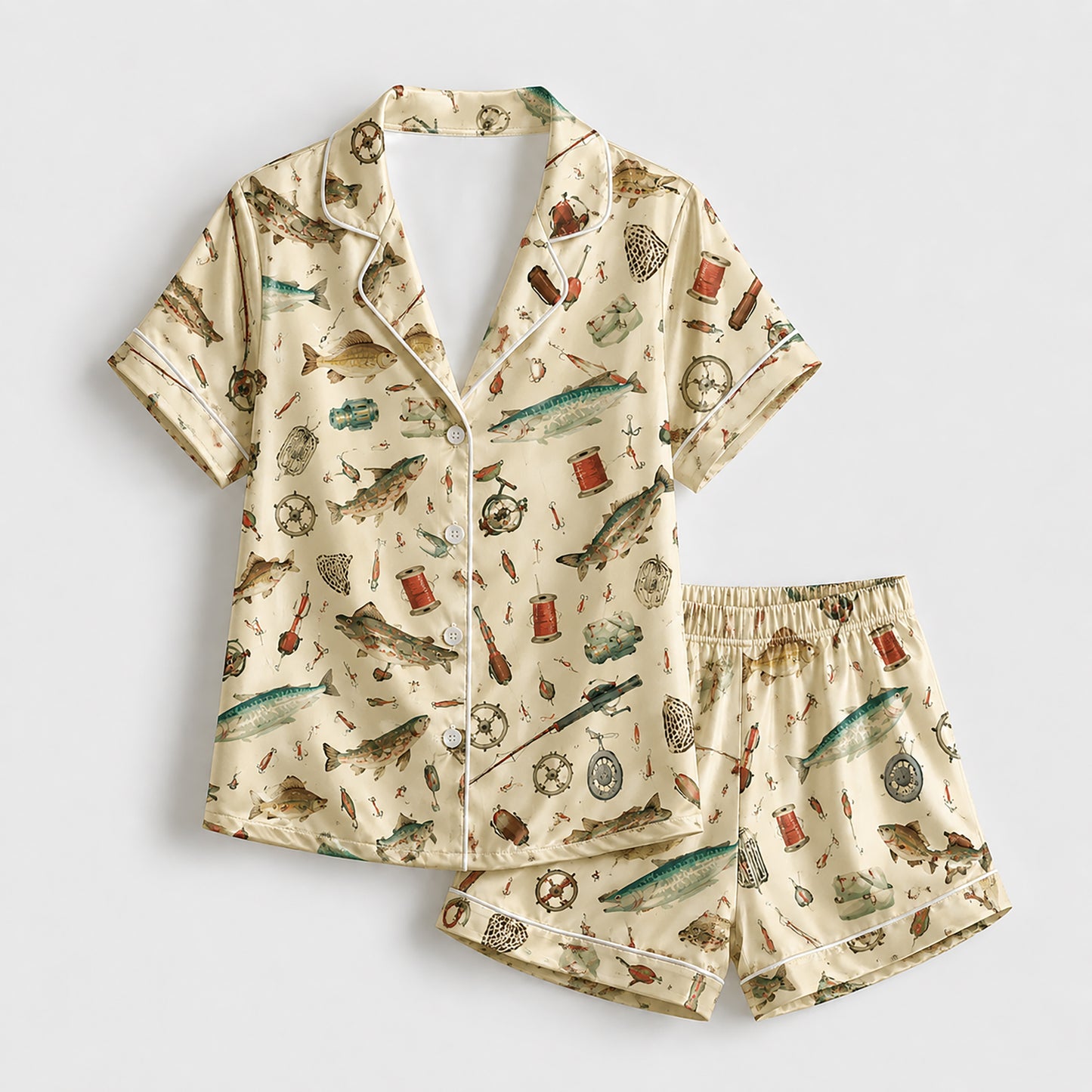 PJ-257-Fishing Theme Satin Sleepwear Set With Button Up Top And Elastic Waist Matching Bottoms FREE SHIPPING