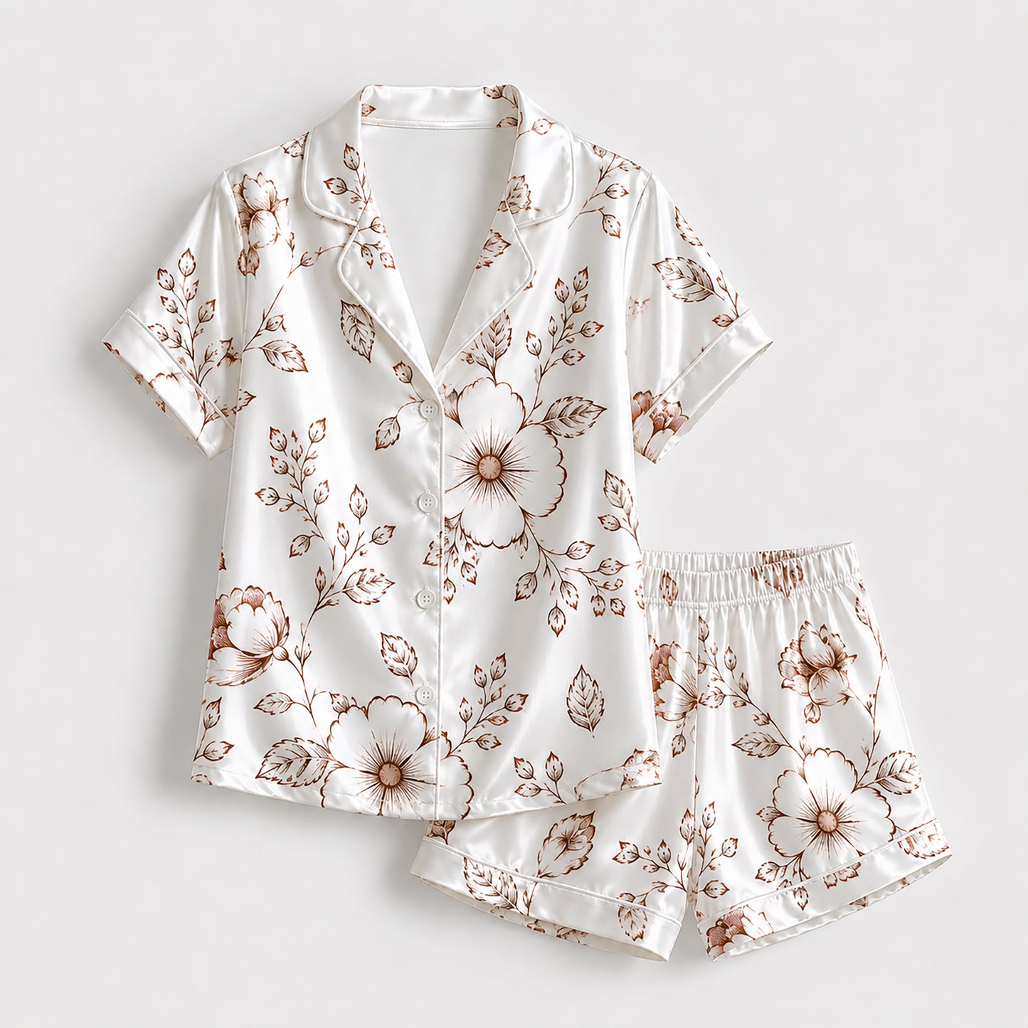 PJ-258-Patterned Outline Pure Satin Pajama Set, Cream Leaf Print Button Front Sleepwear Loungewear Ensemble FREE SHIPPING