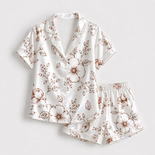 PJ-258-Patterned Outline Pure Satin Pajama Set, Cream Leaf Print Button Front Sleepwear Loungewear Ensemble FREE SHIPPING