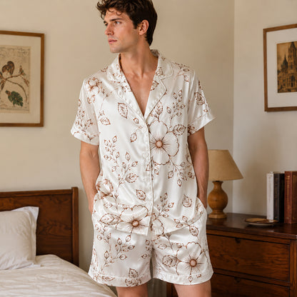 PJ-258-Patterned Outline Pure Satin Pajama Set, Cream Leaf Print Button Front Sleepwear Loungewear Ensemble FREE SHIPPING