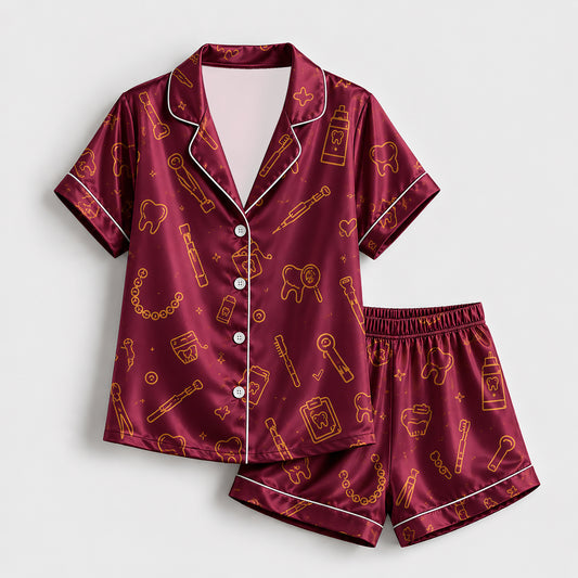 PJ-259-Burgundy Dental Hygiene Satin Pajama Set, Maroon Graphic Tooth Loungewear Sleepwear Collection Nightwear
