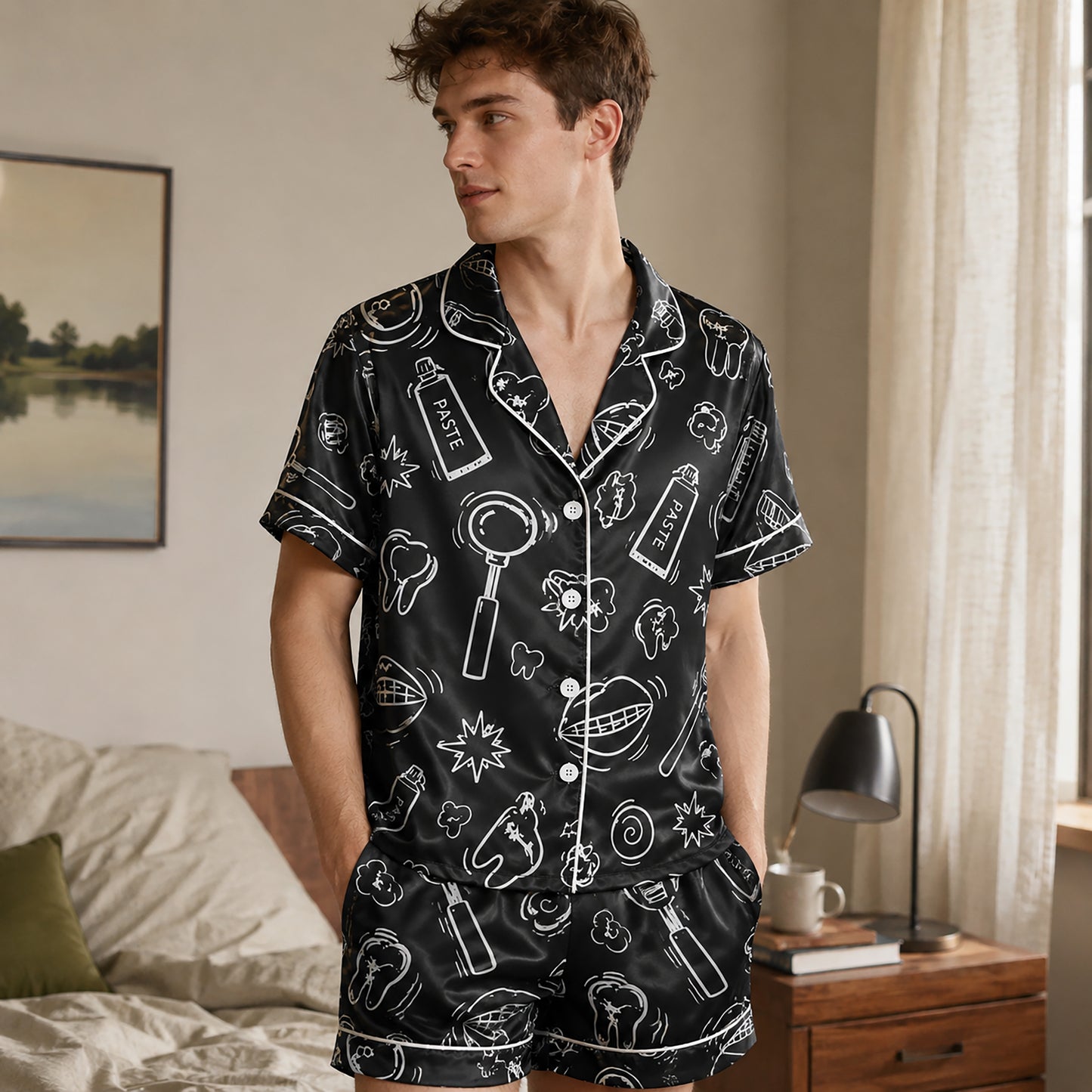 PJ-260-Black Dental Hygiene Satin Pajama Set, Obsidian Graphic Tooth Loungewear Sleepwear Collection Nightwear FREE SHIPPING
