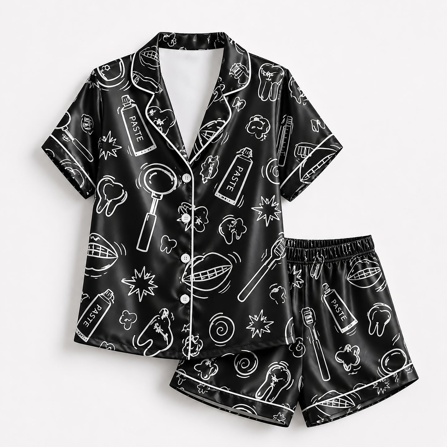 PJ-260-Black Dental Hygiene Satin Pajama Set, Obsidian Graphic Tooth Loungewear Sleepwear Collection Nightwear FREE SHIPPING