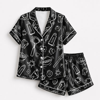PJ-260-Black Dental Hygiene Satin Pajama Set, Obsidian Graphic Tooth Loungewear Sleepwear Collection Nightwear FREE SHIPPING