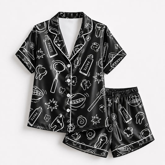 PJ-260-Black Dental Hygiene Satin Pajama Set, Obsidian Graphic Tooth Loungewear Sleepwear Collection Nightwear