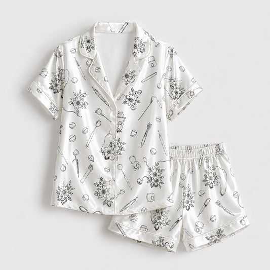 PJ-261-Black Dental Hygiene Satin Pajama Set, Obsidian Graphic Tooth Loungewear Sleepwear Collection Nightwear