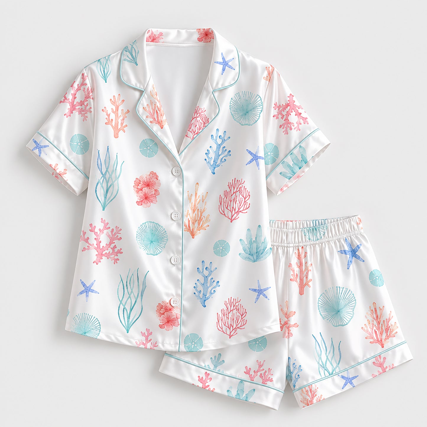 PJ-262-Coral Reef Premium Satin Pajama Set, White Ocean Undersea Print Nautical Loungewear Sleepwear Collection FREE SHIPPING