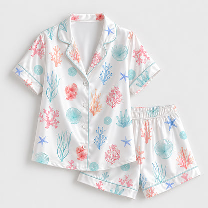 PJ-262-Coral Reef Premium Satin Pajama Set, White Ocean Undersea Print Nautical Loungewear Sleepwear Collection FREE SHIPPING