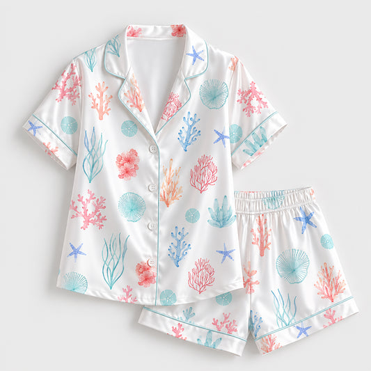 PJ-262-Coral Reef Premium Satin Pajama Set, White Ocean Undersea Print Nautical Loungewear Sleepwear Collection FREE SHIPPING