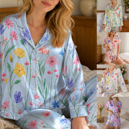 PJ-265-Satin Colorful Watercolor Floral White Piping Button Up Pajama Set FREE SHIPING