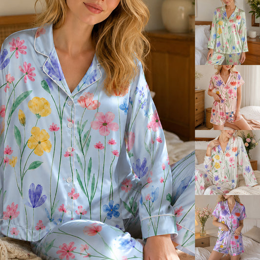 PJ-265-Satin Colorful Watercolor Floral White Piping Button Up Pajama Set FREE SHIPPING