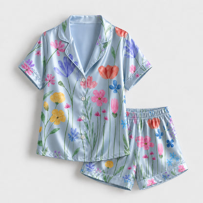 PJ-265-Satin Colorful Watercolor Floral White Piping Button Up Pajama Set FREE SHIPING