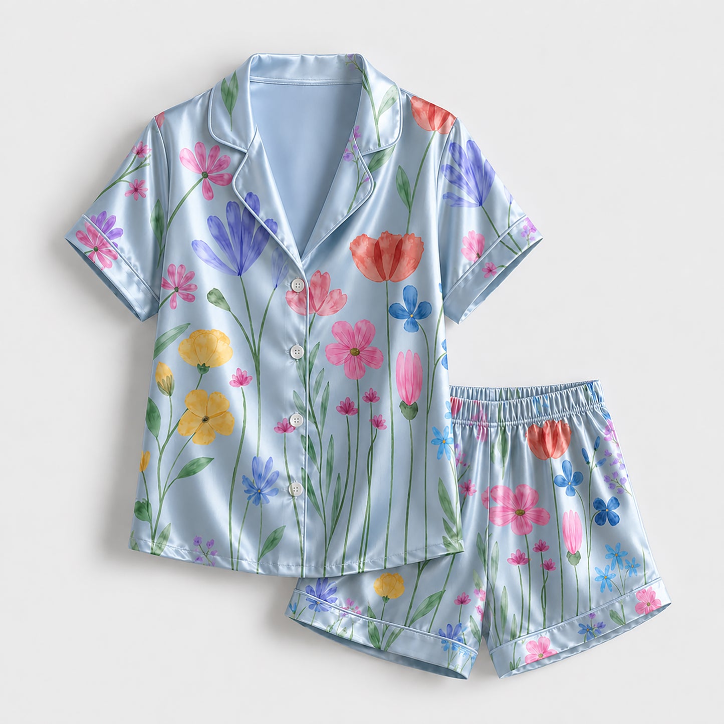 PJ-265-Satin Colorful Watercolor Floral White Piping Button Up Pajama Set FREE SHIPING