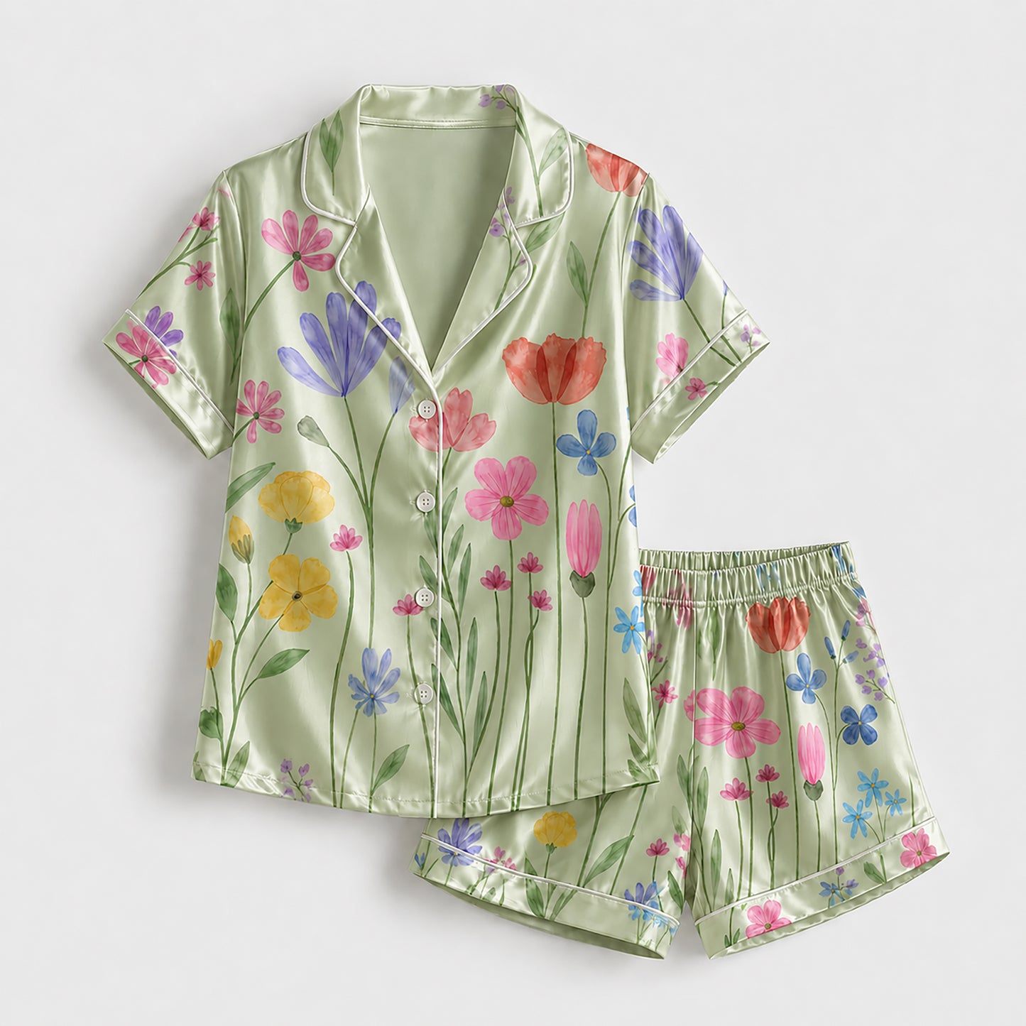 PJ-265-Satin Colorful Watercolor Floral White Piping Button Up Pajama Set FREE SHIPING