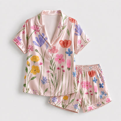 PJ-265-Satin Colorful Watercolor Floral White Piping Button Up Pajama Set FREE SHIPING