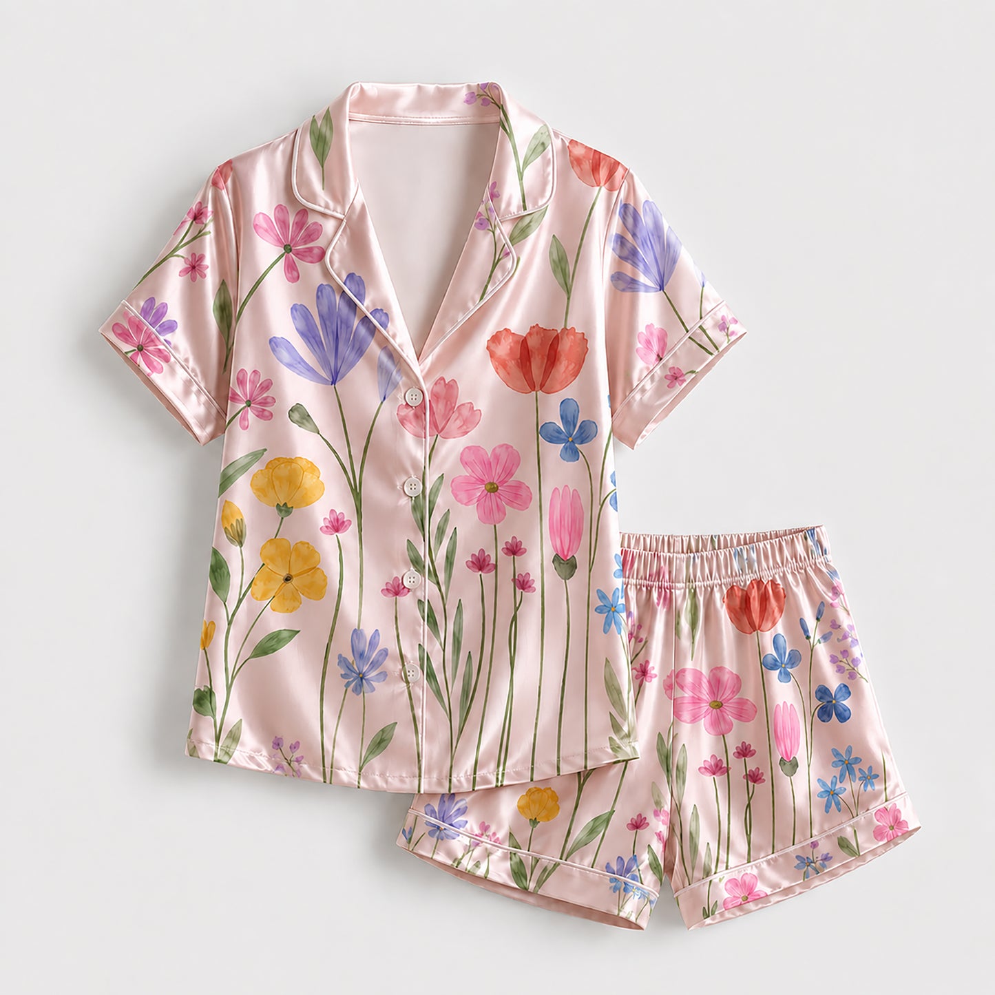 PJ-265-Satin Colorful Watercolor Floral White Piping Button Up Pajama Set FREE SHIPING