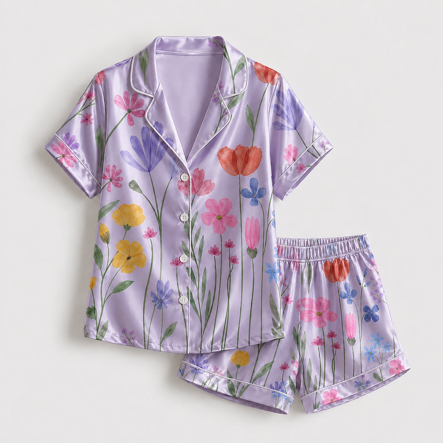 PJ-265-Satin Colorful Watercolor Floral White Piping Button Up Pajama Set FREE SHIPING