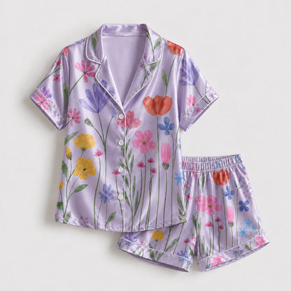 PJ-265-Satin Colorful Watercolor Floral White Piping Button Up Pajama Set FREE SHIPING