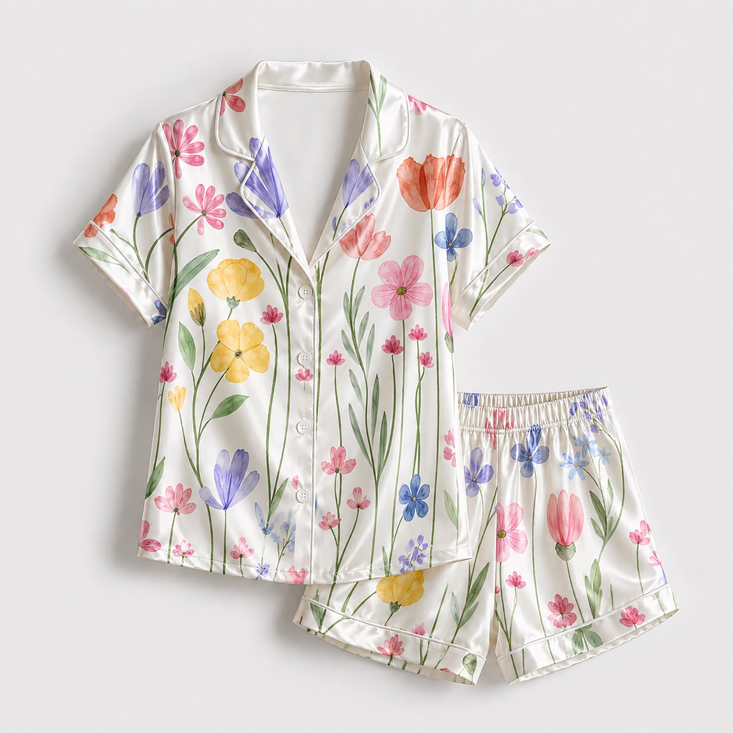 PJ-265-Satin Colorful Watercolor Floral White Piping Button Up Pajama Set FREE SHIPING