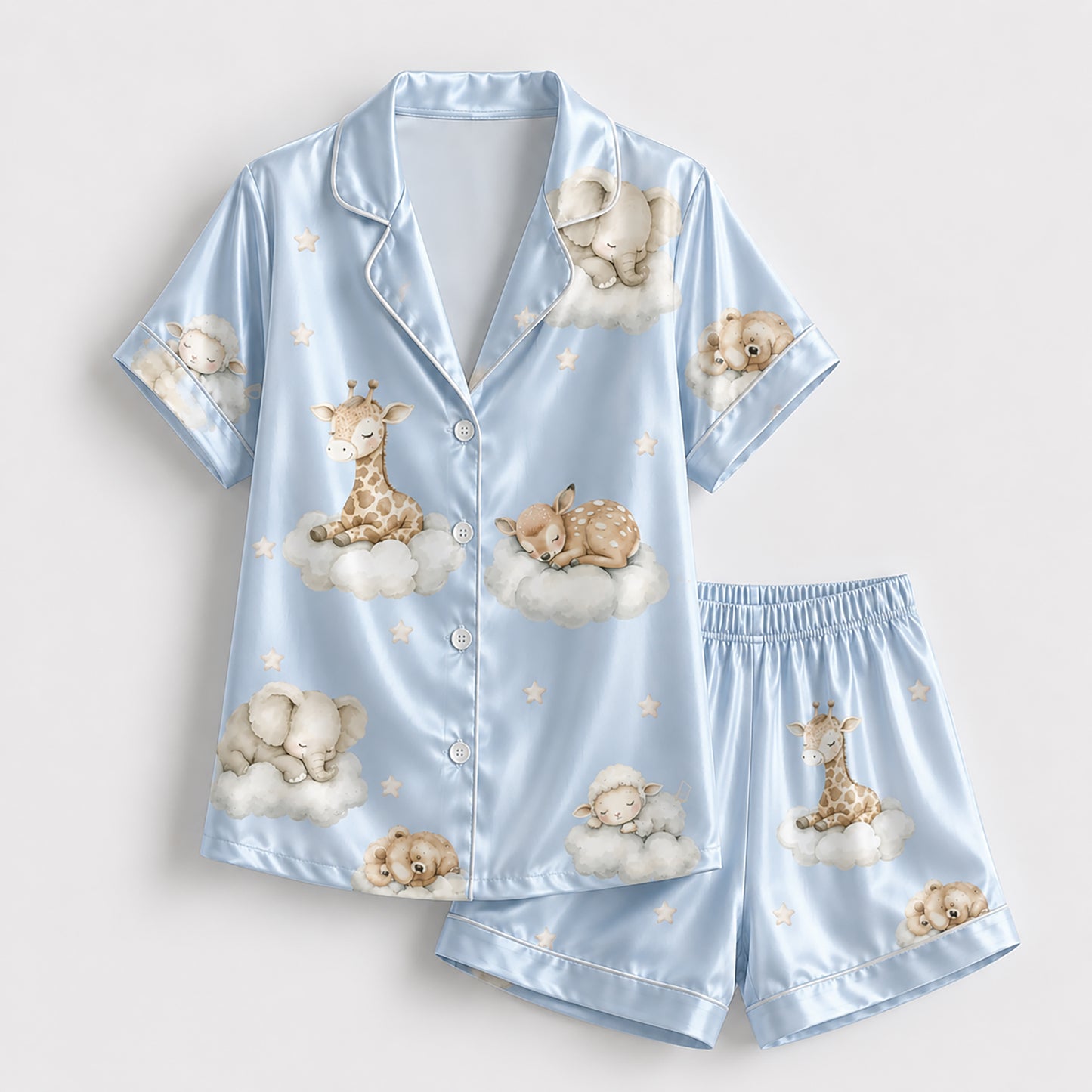 PJ-269-Satin Colorful Dreamy Animal Cloud White Piping Button Up Pajama Set FREE SHIPING