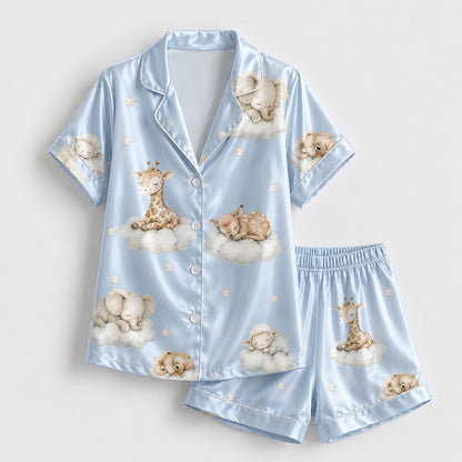 PJ-269-Satin Colorful Dreamy Animal Cloud White Piping Button Up Pajama Set FREE SHIPING