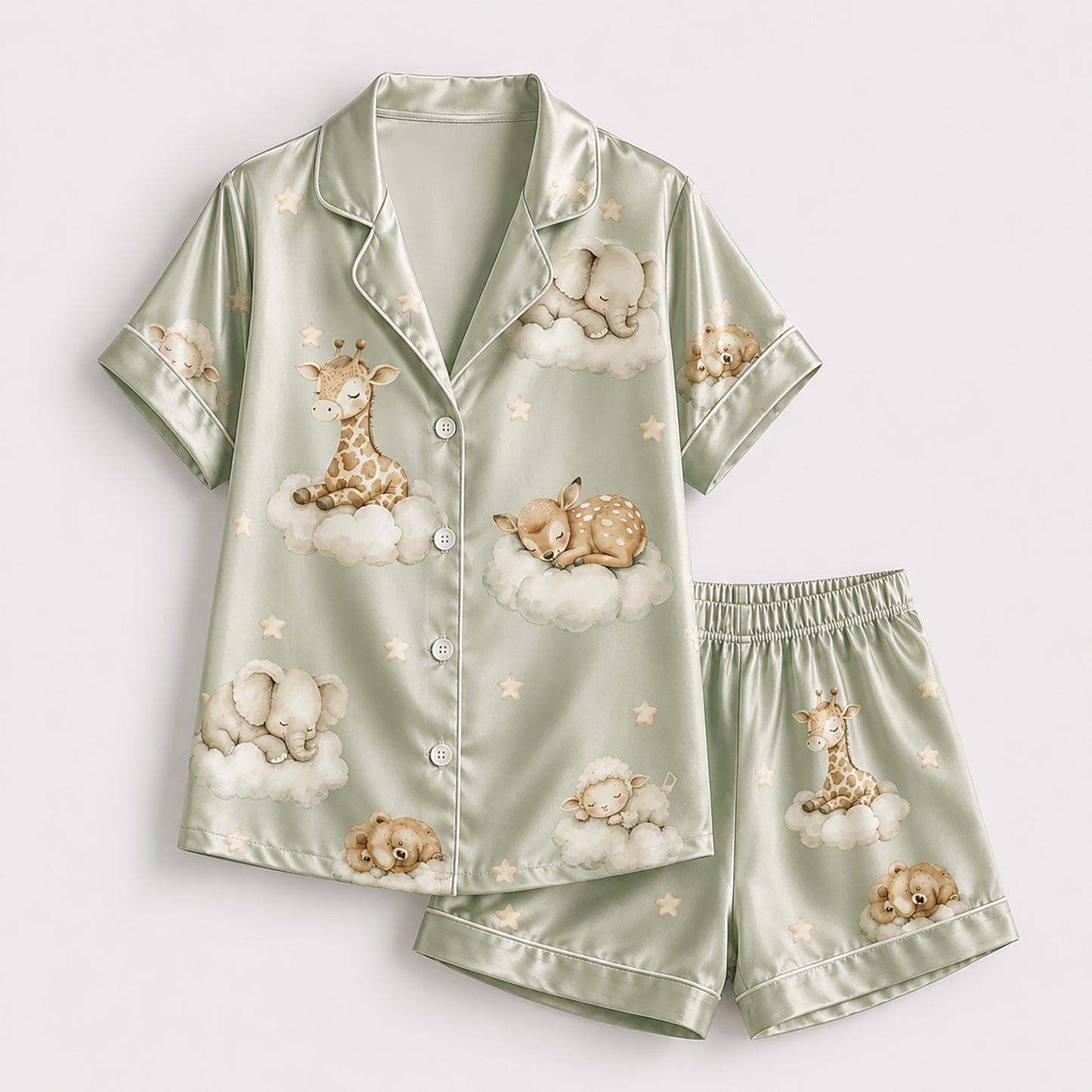 PJ-269-Satin Colorful Dreamy Animal Cloud White Piping Button Up Pajama Set FREE SHIPING