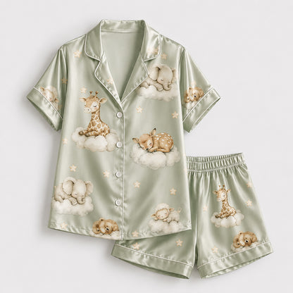 PJ-269-Satin Colorful Dreamy Animal Cloud White Piping Button Up Pajama Set FREE SHIPING