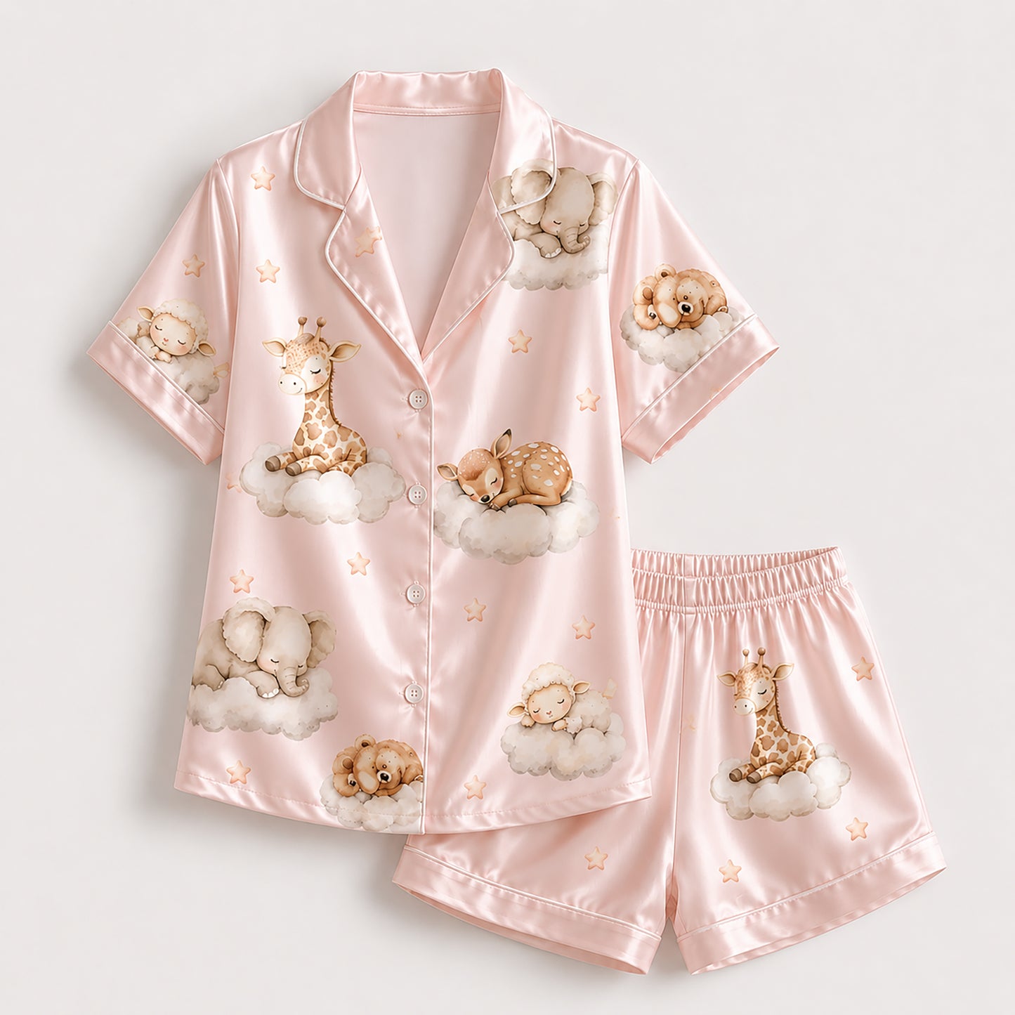 PJ-269-Satin Colorful Dreamy Animal Cloud White Piping Button Up Pajama Set FREE SHIPING