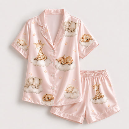 PJ-269-Satin Colorful Dreamy Animal Cloud White Piping Button Up Pajama Set FREE SHIPING