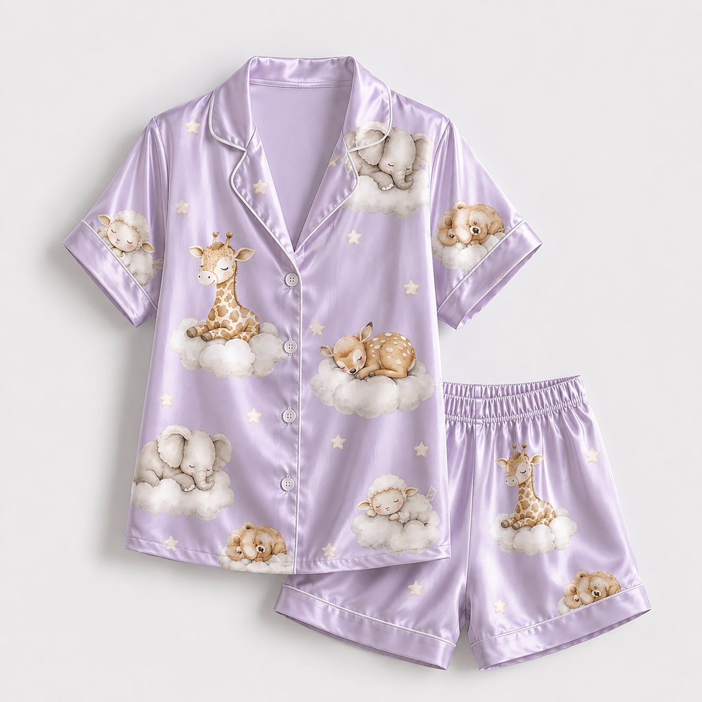 PJ-269-Satin Colorful Dreamy Animal Cloud White Piping Button Up Pajama Set FREE SHIPING