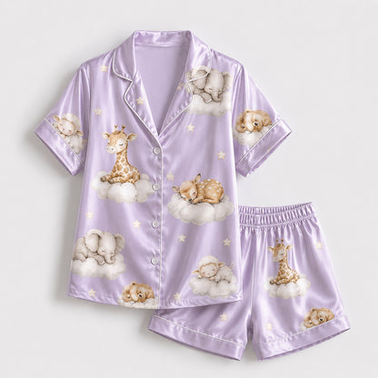 PJ-269-Satin Colorful Dreamy Animal Cloud White Piping Button Up Pajama Set FREE SHIPING