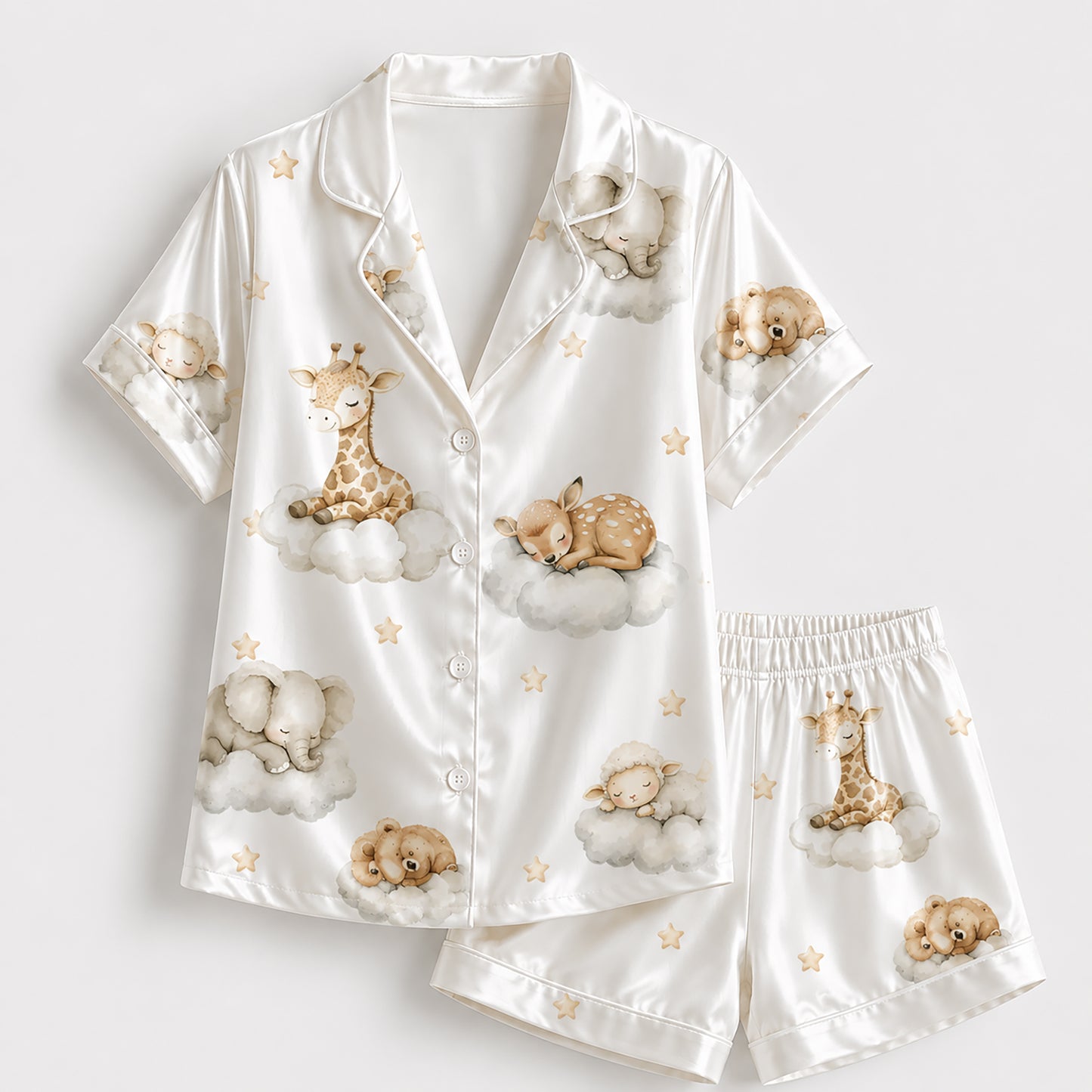 PJ-269-Satin Colorful Dreamy Animal Cloud White Piping Button Up Pajama Set FREE SHIPING