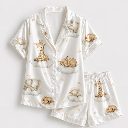 PJ-269-Satin Colorful Dreamy Animal Cloud White Piping Button Up Pajama Set FREE SHIPING
