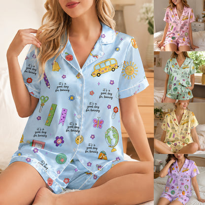PJ-278-Satin Colorful Back to School White Piping Button Up Pajama Set FREE SHIPING