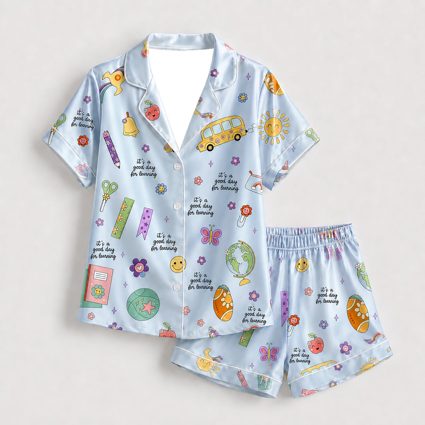 PJ-278-Satin Colorful Back to School White Piping Button Up Pajama Set FREE SHIPING