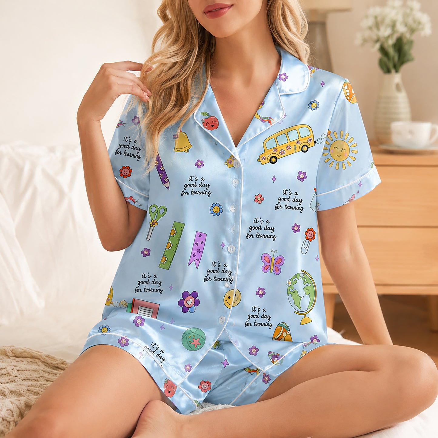 PJ-278-Satin Colorful Back to School White Piping Button Up Pajama Set FREE SHIPING