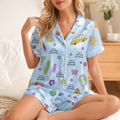 PJ-278-Satin Colorful Back to School White Piping Button Up Pajama Set FREE SHIPING