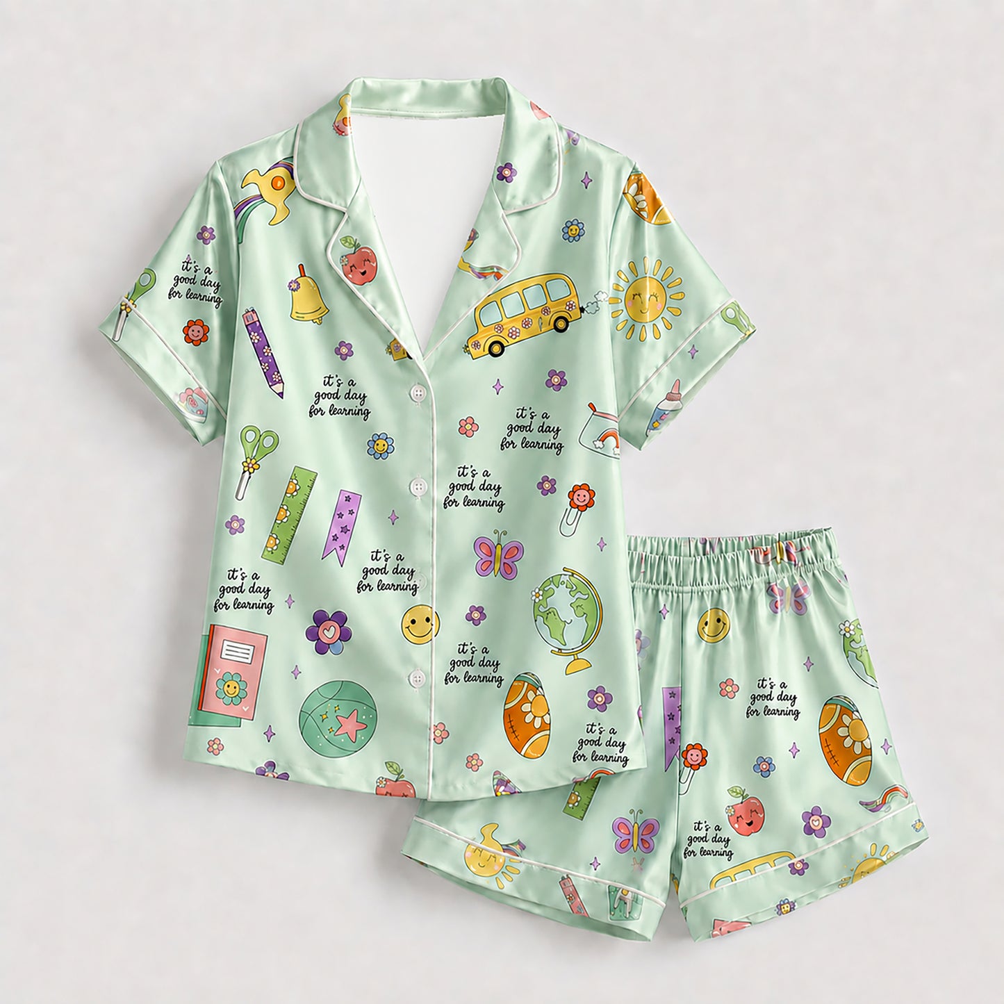 PJ-278-Satin Colorful Back to School White Piping Button Up Pajama Set FREE SHIPING