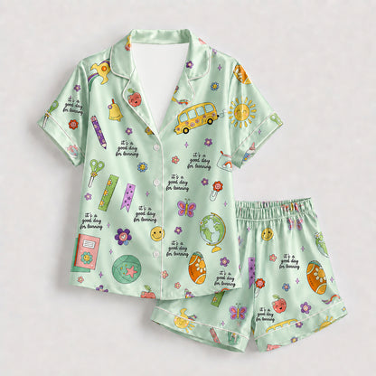 PJ-278-Satin Colorful Back to School White Piping Button Up Pajama Set FREE SHIPING