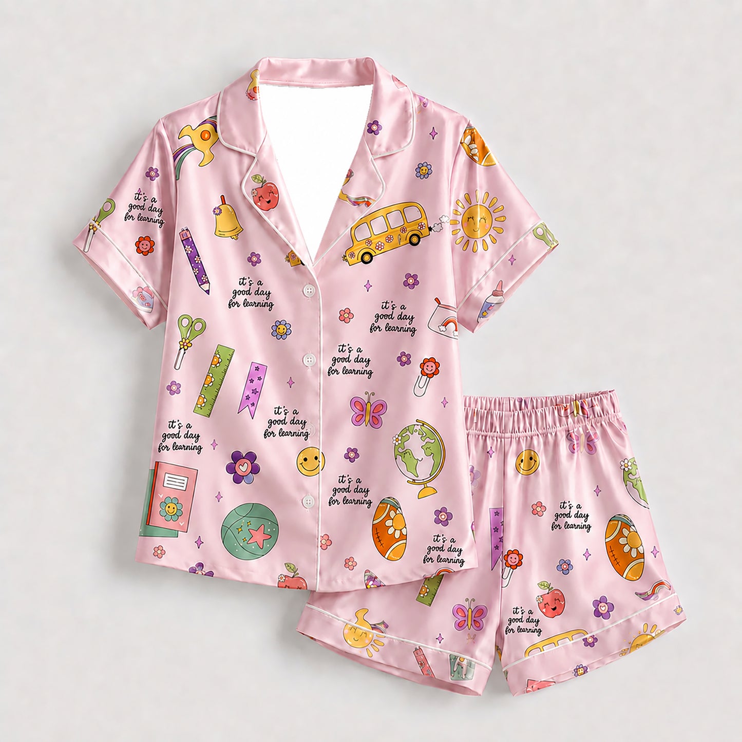 PJ-278-Satin Colorful Back to School White Piping Button Up Pajama Set FREE SHIPING