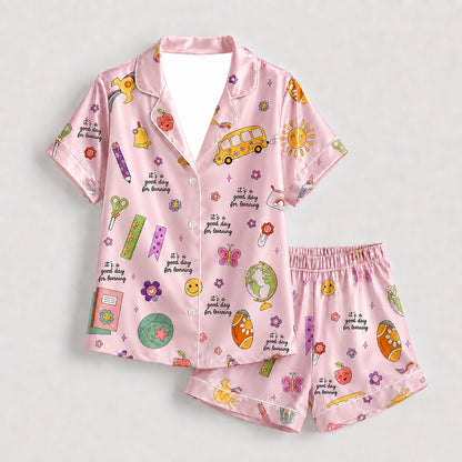 PJ-278-Satin Colorful Back to School White Piping Button Up Pajama Set FREE SHIPING