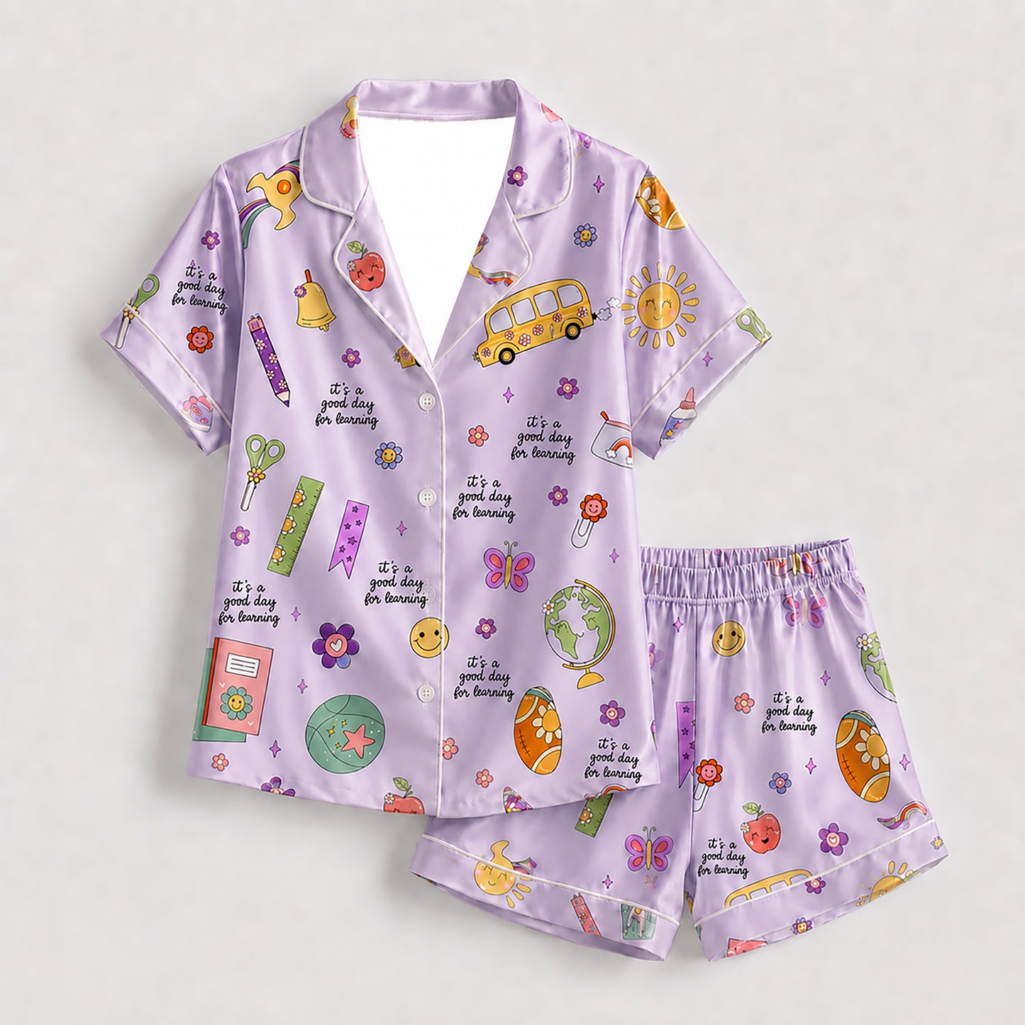 PJ-278-Satin Colorful Back to School White Piping Button Up Pajama Set FREE SHIPING