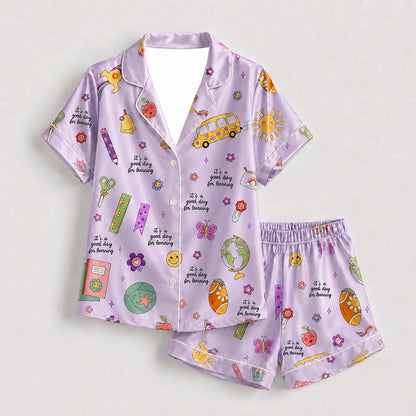 PJ-278-Satin Colorful Back to School White Piping Button Up Pajama Set FREE SHIPING