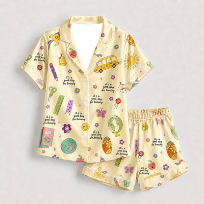 PJ-278-Satin Colorful Back to School White Piping Button Up Pajama Set FREE SHIPING