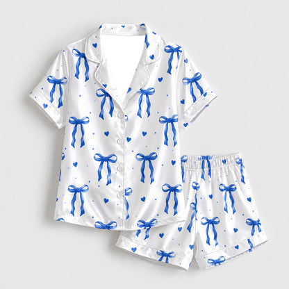 PJ-285-Cobalt Blue Coquette Bow Satin Pajama Set, White Graphic Heart Loungewear Sleepwear Collection Nightwear FREE SHIPPING