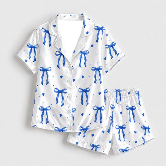 PJ-285-Cobalt Blue Coquette Bow Satin Pajama Set, White Graphic Heart Loungewear Sleepwear Collection Nightwear FREE SHIPPING